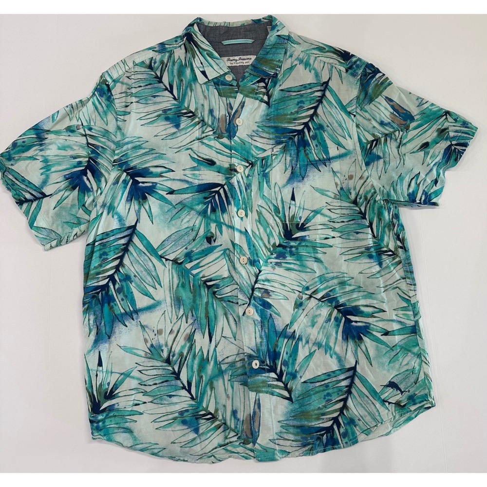 Tommy Bahama Veracruz Cay Mens Medium Teal Blue Palm Leaf Viscose Button Shirt